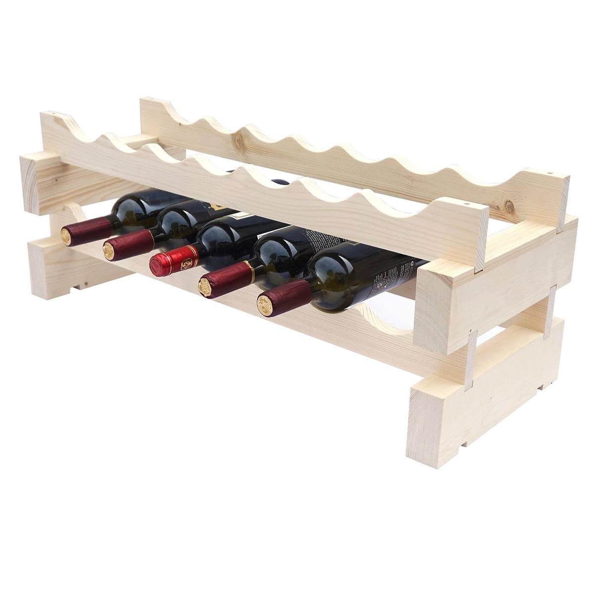 7 Bottle Modular Wine Rack Kit - New Zealand Pine - With Bottles - Side View