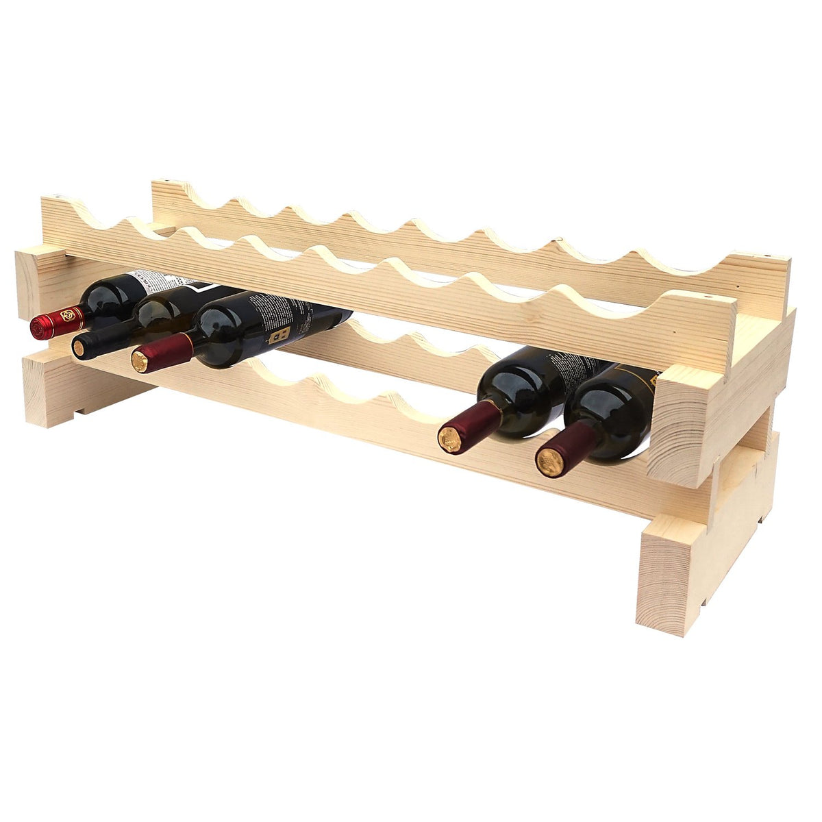 8 Bottle Modular Wine Rack Kit - New Zealand Pine - Two Layers - Side View with 5 Bottles