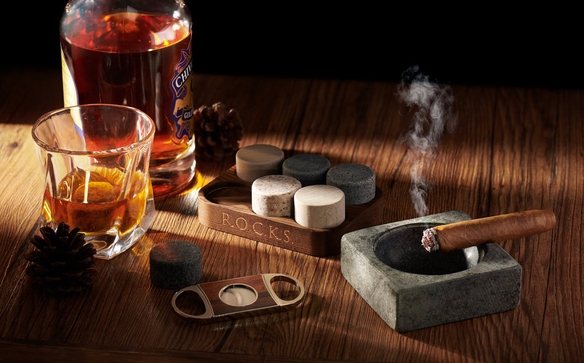 Whiskey Stones Gift Set with Cigar Cutter &amp; Cigar Ashtray - Wine Stash NZ