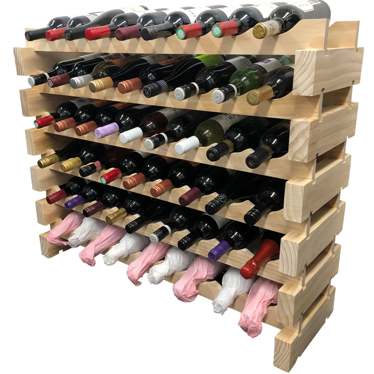 4 Bottle Modular Wine Rack Kit - New Zealand Pine - With Bottles of Wine