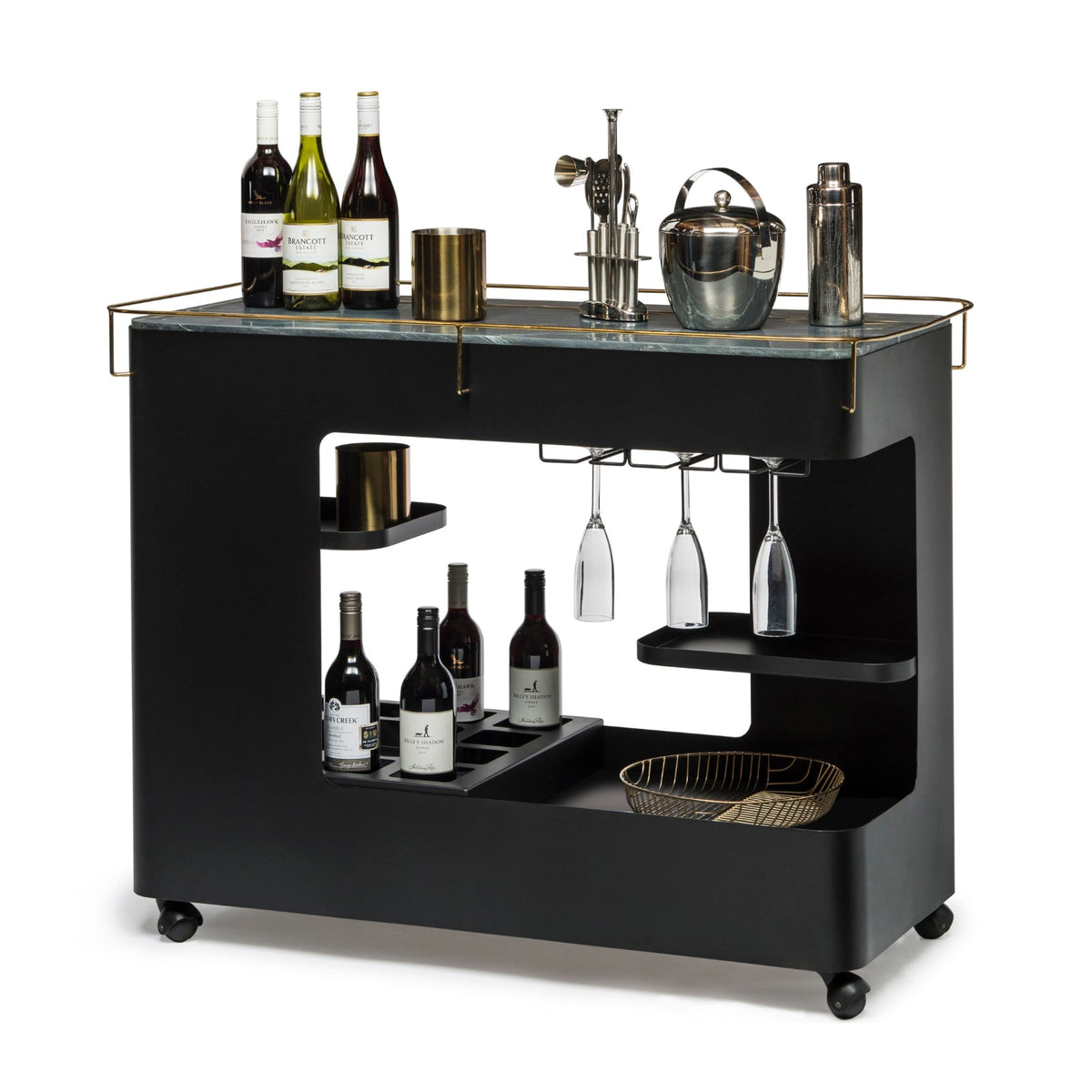 Black &amp; Gold Bar Cart with Marble Top - Wine Stash NZ