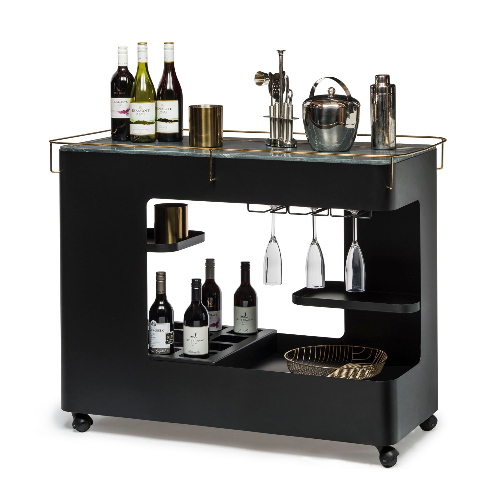 Black & Gold Bar Cart with Marble Top - Wine Stash NZ
