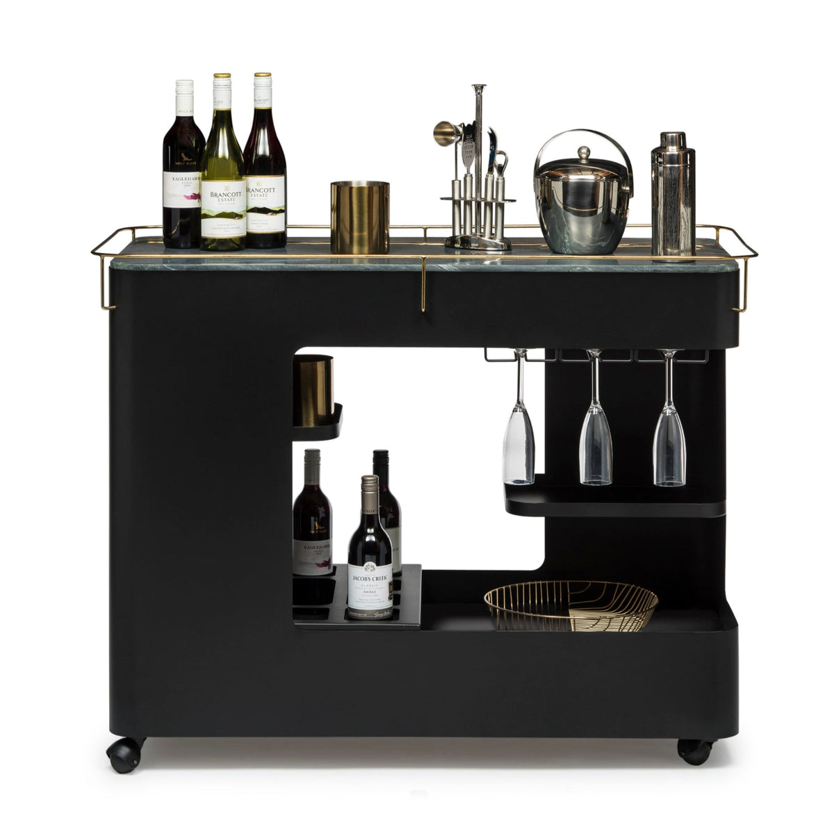 Black &amp; Gold Bar Cart with Marble Top - Wine Stash NZ